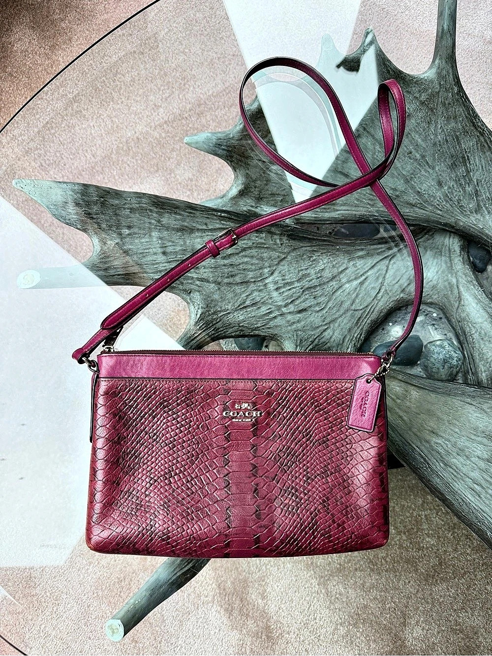 Coach EUC Embossed Snake Print Color-block Leather Crossbody Bag in Pink/Purple